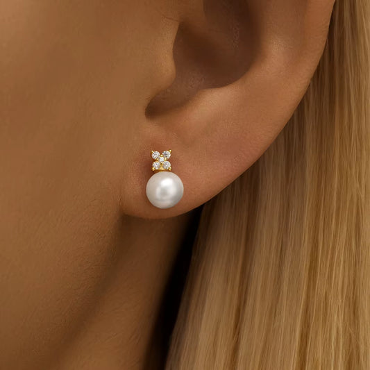 Real 925 Sterling Silver Petaled Crystal Pearl Stud Earrings for Women Fashion Jewelry Party Gifts Brincos Pendientes